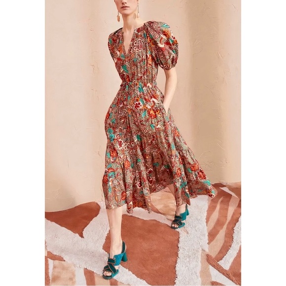 NWOT Ulla Johnson Midi Floral Tiered Olina Puff-Sleeve Dress - Picture 4 of 6